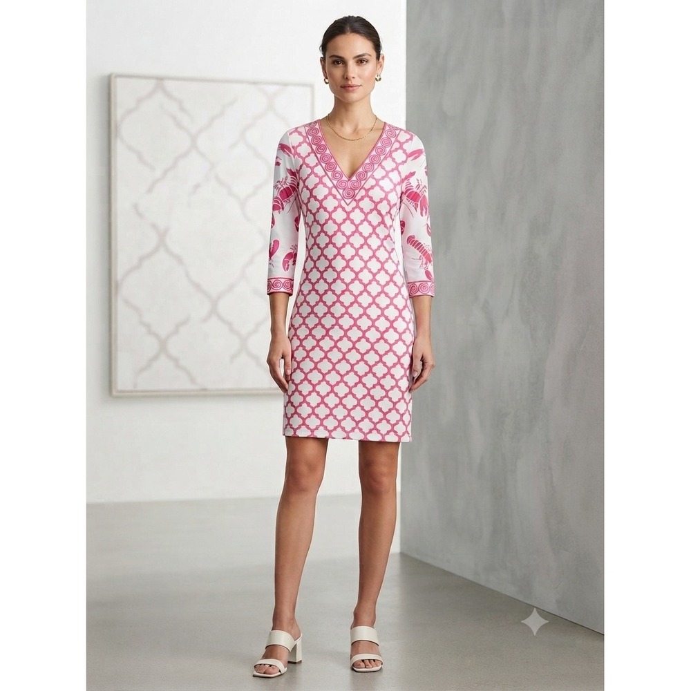 Gretchen Scott Pink‎ White Trellis Lobster Print V-Neck Tunic Shift Dress S